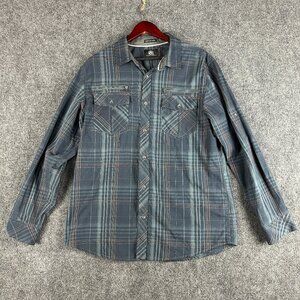 Rock & Republic Shirt Mens Large Button Up Pockets Roll Tab Sleeve Blue Plaid